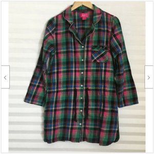 Victoria Secret Pajama Button Tie Waist Dress Shirt Plaid Hot Pink Green